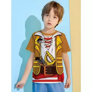Футболка с изображением пиратского капитана для мальчика Детская футболка Детская блузка 2024 Детская весенняя одежда Топы Детская летняя одежда 100CM