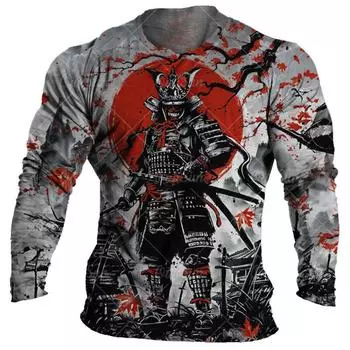 Футболка с изображением японского самурая, 3D-принт в японском стиле, топы с длинным рукавом, футболки, повседневные мужские футболки, свободные винтажные мужские футболки S