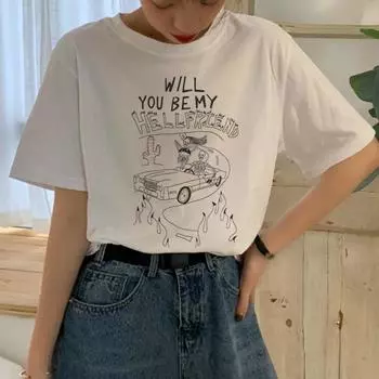 Футболка с изображением Сатаны в стиле Харадзюку для женщин Ullzang Satanist Cartoon Funny T Shirt Футболка с изображением Люцифера 90-х годов S белый