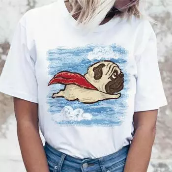 Футболка с изображением собаки мопса Футболка с графическим принтом Женская женская футболка Ulzzang Футболки Смешная одежда Корейская одежда Harajuku L белый