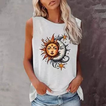 Футболка с изображением солнца и луны, повседневный топ с короткими рукавами и круглым вырезом для лета и весны, женская одежда, топы в стиле Харадзюку S