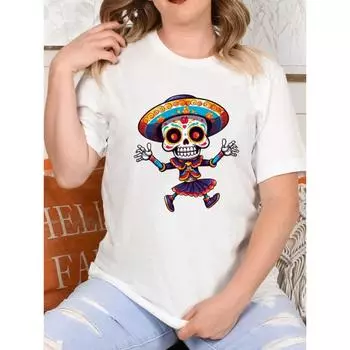 Футболка с изображением танцующего скелета в традиционной одежде, футболка унисекс для всех, веселый и красочный дизайн для Dia De Los Muertos S