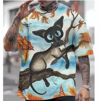 Футболка с изображением животных для мужчин, милые футболки с рисунком кота, футболки с 3D-принтом, свободные футболки с коротким рукавом, мужская одежда больших размеров, топы S