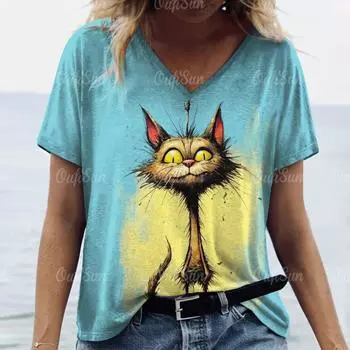Футболка с изображением животных для женщин с принтом кошек, летние повседневные топы с коротким рукавом, женская свободная одежда, модный уличный свитер с V-образным вырезом S