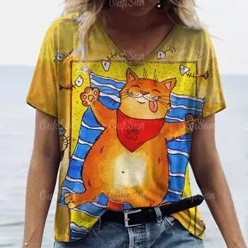 Футболка с изображением животных для женщин с принтом кошек, летние повседневные топы с коротким рукавом, женская свободная одежда, модный уличный свитер с V-образным вырезом S
