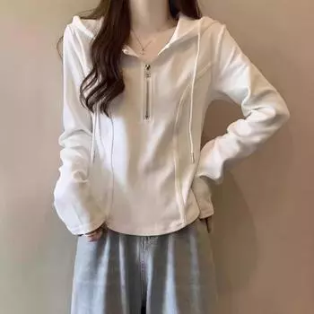Футболка с капюшоном и длинными рукавами для женщин, весна и осень, тонкий свитшот, нижнее белье, новый белый короткий топ из рыбьей кости M