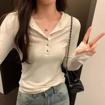 Футболка с капюшоном и длинными рукавами в корейском стиле для женщин на осень и зиму, новый облегающий крой и универсальный верх S