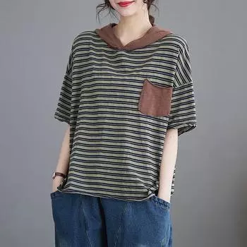Футболка с капюшоном и полосками из чистого хлопка с коротким рукавом для женщин, летние свободные повседневные футболки, топ L