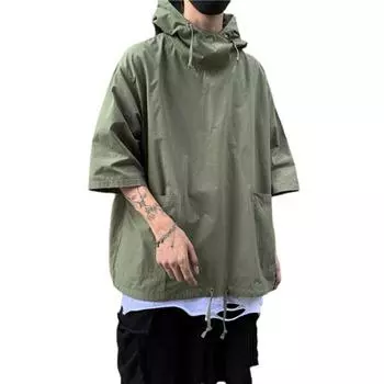 Футболка с капюшоном и половиной рукава, моющаяся летняя мужская пуловерная куртка, уличная одежда для мужчин M армия зеленый