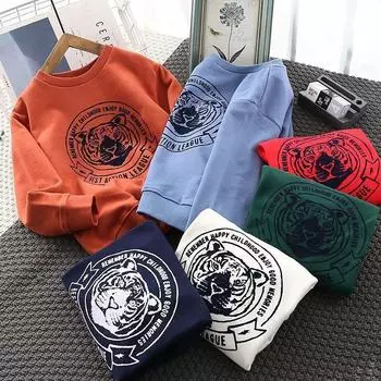 Футболка с капюшоном из чистого хлопка с рисунком для мальчика на весну и осень, новый стиль, свободный и универсальный повседневный топ для детей, среднего и большого размера 90 синий