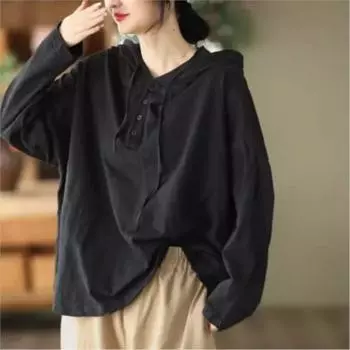 Футболка с капюшоном, однотонная футболка с длинным рукавом из хлопковой смеси, весенняя повседневная свободная футболка на пуговицах L чёрный