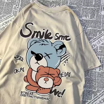 Футболка с капюшоном Teddy Bear для мужчин и женщин в стиле хип-хоп, уличная одежда для пар, топы с принтом, футболка с круглым вырезом, хлопковая футболка большого размера S бежевый