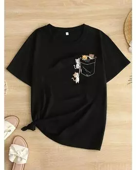 Футболка с карманом и принтом кота больших размеров, повседневный топ с короткими рукавами на весну и лето, женская одежда больших размеров 1XL чёрный