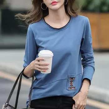 Футболка с карманом и вышивкой, женская свободная женская одежда с длинным рукавом, хлопковая повседневная футболка, женская поляра Mujer De Moda S серый