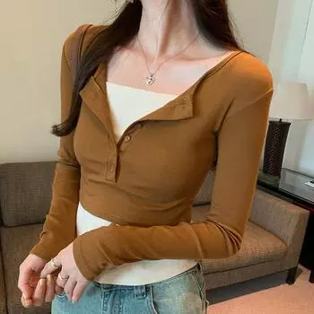 Футболка с контрастным плечом и двумя длинными рукавами, женская, новая осенняя, утягивающая, полностью подходящая, базовая рубашка, топ S
