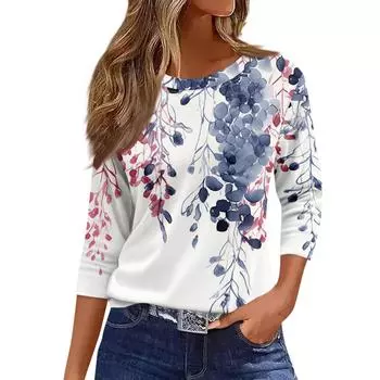 Футболка с коротким рукавом 2024 года, женская мода, повседневная, с круглым вырезом, рукавом 3/4, свободные рубашки, принтованная футболка, женский топ Bluzki Damskie S