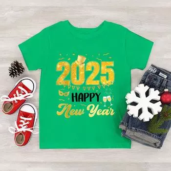 Футболка с коротким рукавом для детей 3-14 лет 2025 года с надписью «С Новым годом», забавный принт с буквами для мальчиков и девочек, праздничная одежда, новогодняя футболка 100