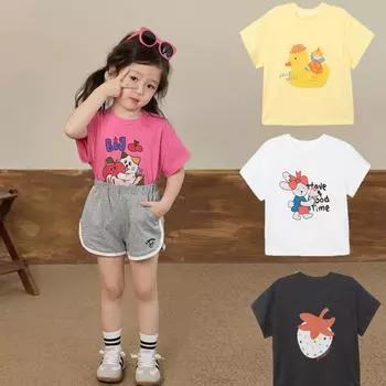 Футболка с коротким рукавом для девочек с принтом маленькой желтой утки, летний детский мультяшный милый топ 90cm
