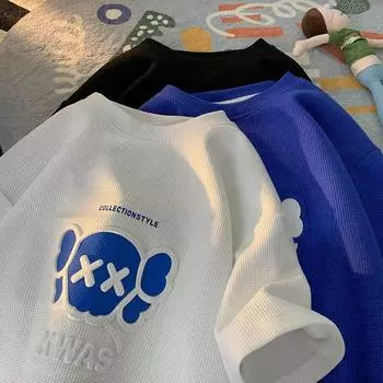 Футболка с коротким рукавом для мужчин, летняя свободная мужская одежда, модный бренд, плотная парная одежда с коротким рукавом M белый