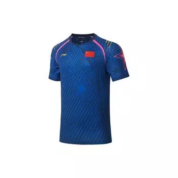 Футболка с коротким рукавом для настольного тенниса Li Ning со звездным принтом, влагоотводящая, для профессиональных спортивных соревнований, мужская, цвет Guangdong-Blue AAYS255-1