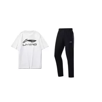 Футболка с коротким рукавом и круглым вырезом Li Ning, повседневный спортивный костюм для мужчин AHST471-1+AYKS487-1 L