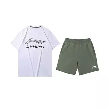 Футболка с коротким рукавом и круглым вырезом с принтом логотипа Li Ning, удобная, приятная к коже, универсальные шорты, повседневный спортивный комплект YHST165-1+YKSV147-1 S