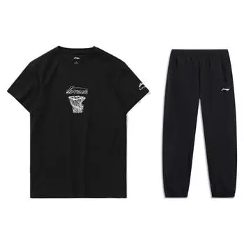 Футболка с коротким рукавом и круглым вырезом Li Ning, быстросохнущие брюки с манжетами, повседневный спортивный костюм для мужчин AHST467-2+AYKT415-1 L