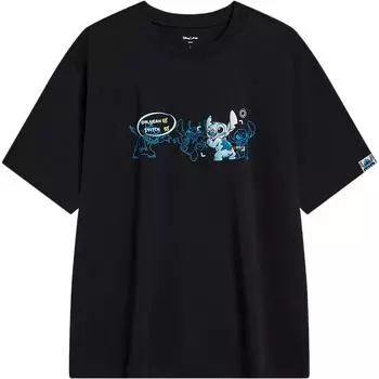 Футболка с коротким рукавом и круглым вырезом Li Ning X Disney Stitch Collaboration, удобная футболка с рисунком из мультфильма, мужские футболки черного цвета AHST497-2 L