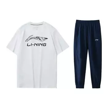 Футболка с коротким рукавом и круглым вырезом с принтом логотипа Li Ning и манжетами, повседневный спортивный комплект для мужчин, цвет белый, синий ATST633-2+AYKT551-2 XXXXL