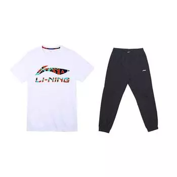 Футболка с коротким рукавом и круглым вырезом с принтом логотипа Li Ning, повседневный спортивный комплект с манжетами на резинке, мужские комплекты белого и черного цветов YHST175-2+YYKT063-1 M