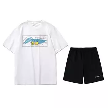 Футболка с коротким рукавом и круглым вырезом Li Ning Cartoon Logo Print, повседневный спортивный комплект для мужчин, топы YHST181-1+AKST453-1 S