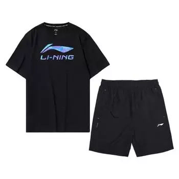 Футболка с коротким рукавом и круглым вырезом с логотипом Li Ning, быстросохнущие баскетбольные шорты, комплект из мужских топов и низов, черный цвет AHST685-1+YKST061-1 M