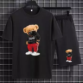 Футболка с коротким рукавом и круглым вырезом с графическим принтом «Медведь и маска», удобная мужская одежда для активного отдыха S