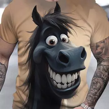 Футболка с коротким рукавом и круглым вырезом в 3D цифровом мультяшном стиле с забавным рисунком улыбающейся лошади, летние топы для мужчин, повседневная и уличная одежда S