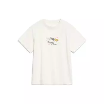Футболка с коротким рукавом и круглым вырезом от Li Ning X Disney Collaboration Marie Cat Series с мультяшным принтом, женские топы цвета «белый» AHST612-1 L