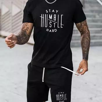 Футболка с коротким рукавом и круглым вырезом с буквенным принтом и шорты для бега, летние удобные наряды для мужчин из 2 предметов L