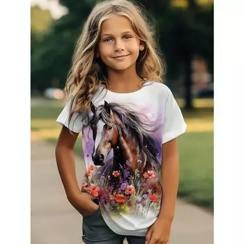 Футболка с коротким рукавом и круглым вырезом с цветочным принтом и принтом лошадей для молодой девушки, лето 100CM