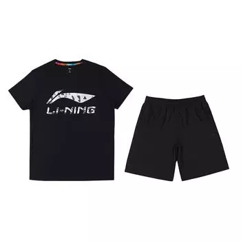 Футболка с коротким рукавом и логотипом Li Ning, буквенный принт, круглый вырез, комплект из прямых шорт, мужские комплекты, черный цвет YHST177-1+YKST087-1 L
