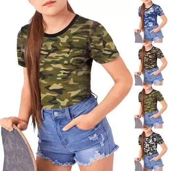 Футболка с коротким рукавом и принтом для девочек, повседневный топ с воротником 100 армия зеленый