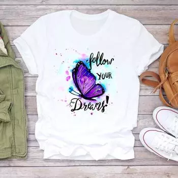 Футболка с коротким рукавом и принтом, модная одежда, женская футболка с акварельным принтом, женская одежда, футболка с коротким рукавом и принтом бабочки, повседневная футболка с мультяшным рисунком S белый