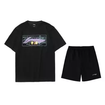 Футболка с коротким рукавом и принтом мультфильма Li Ning, свободная, повседневная, спортивная, мужская, топы, черная, AHSR340-12+AKST453-1 XL