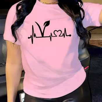 Футболка с коротким рукавом и принтом «растение», повседневный топ с круглым вырезом для лета и весны, женская одежда S