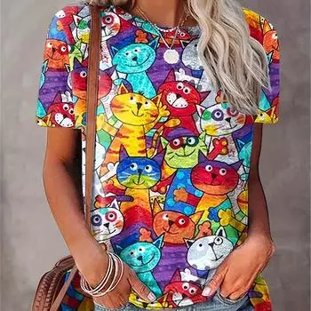 Футболка с коротким рукавом и ярким принтом мультяшного кота, повседневная одежда на лето и весну — женская одежда для повседневного комфорта S