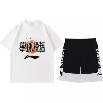 Футболка с коротким рукавом и спортивными шортами Li Ning с графическим принтом, мужской комплект, белый, черный, AHSS965-2+AAPR359-1 L