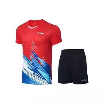 Футболка с коротким рукавом и V-образным вырезом Li Ning Quick Dry Cool и шорты со средней посадкой, баскетбольный комплект, спортивная одежда унисекс, цвет киноварно-красный AATT021-2 L
