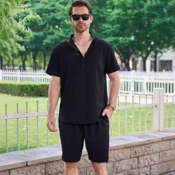 Футболка с коротким рукавом и воротником-стойкой на пуговицах, комплект из рубашки и шорт XXL чёрный