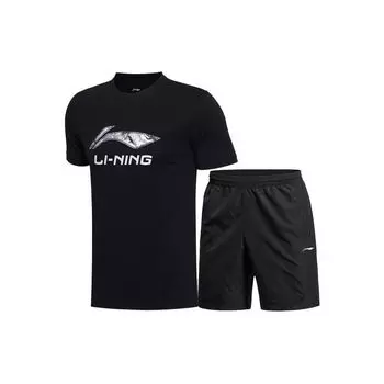 Футболка с коротким рукавом и вышитым логотипом Li Ning Sports Lifestyle Series, быстросохнущие шорты, повседневный спортивный комплект ATST633-1+YKST061-1 M