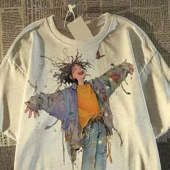 Футболка с коротким рукавом из хлопка American Tide Printed, женская летняя свободная уличная летняя футболка XS