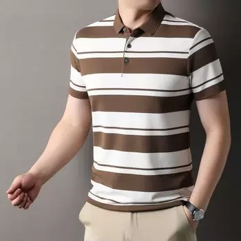 Футболка с коротким рукавом из полосатого шелка Ice Silk, мужская рубашка поло с лацканами, летняя одежда для папы, одежда с коротким рукавом M