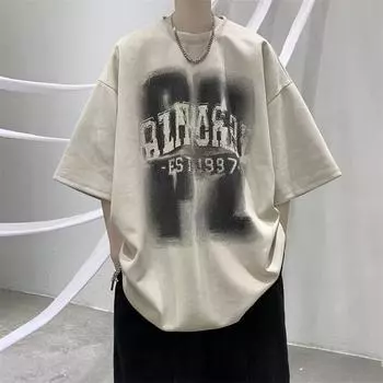 Футболка с коротким рукавом, модный мужской бренд, короткий рукав, американский, High street, свободный, круглый вырез, рукав пять четвертей M